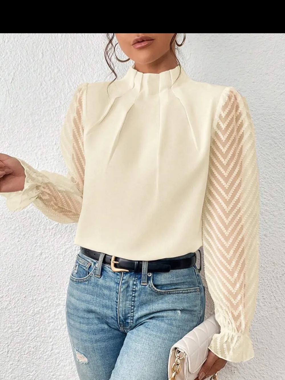 Cream High-Neck Blouse with Sheer Chevron Sleeves